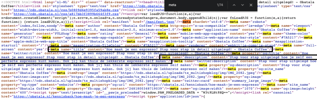 Meta descriptions in de html code van een webshop
