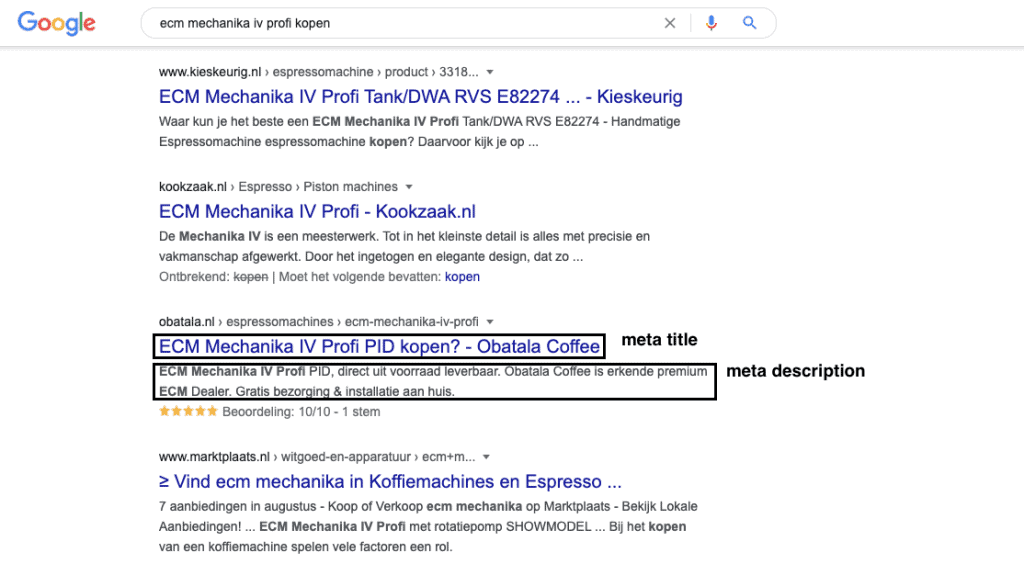 Meta title en meta description in de zoekresultaten van Google